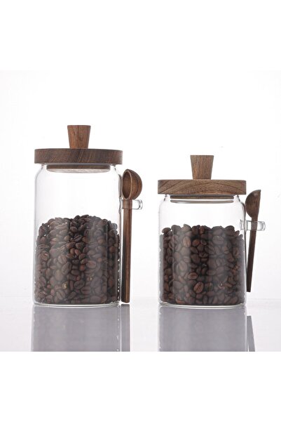 Qerhome Set of 2 Borosilicate Glass Jars with Acacia Lids and Acacia Spoons 4...