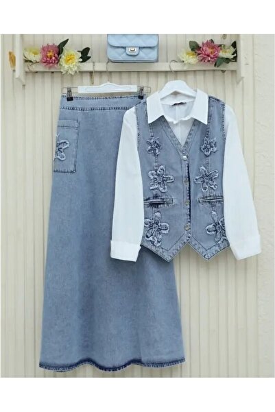 Modamorfo Τζιν κοστούμι με σετ κοστούμι με γιλέκο και λεπτομέρειες τσέπης, φλ...