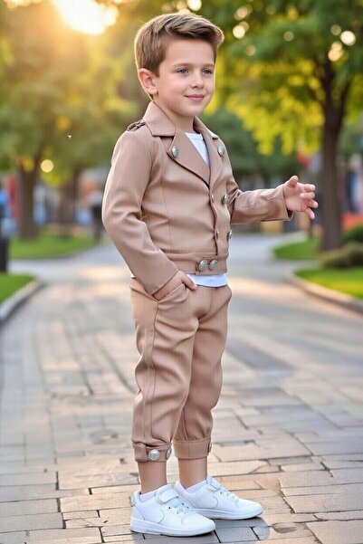 Riccotarz Boy's Gold Button Detailed Combed Cotton Jacket Slim Fit Trousers S...