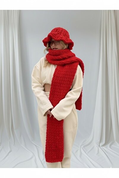 Gogoey Scarf & Bouquet Beanie Set Alize Puffy 100% Hand Knitted