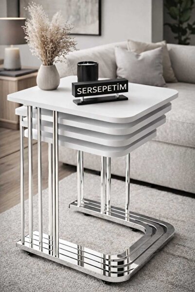 SERSEPETİM İSKANDİNAV 4 LÜ TEKERLİ İNCİ BEYAZ ( METAL KROM-GÜMÜŞ ) ZİGON SEHPA