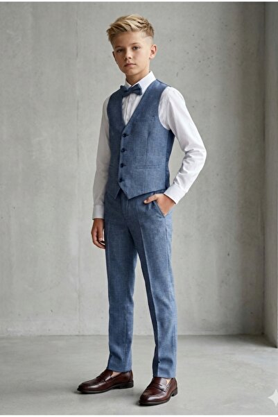 RİNDO Boy's Vest+White Shirt+Pants+Bow Tie Fabric Suit
