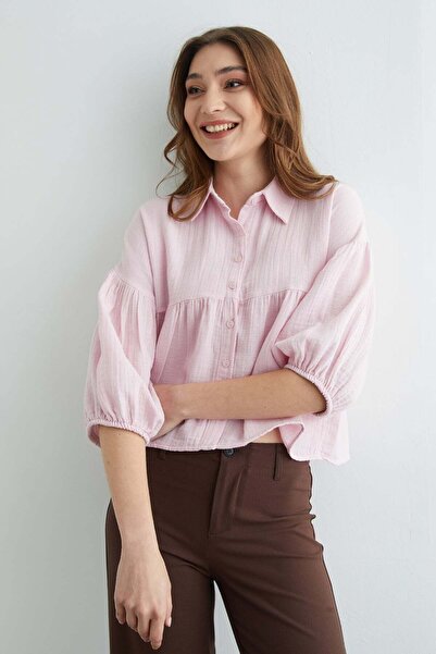 Fulla Moda Balon Sleeve Casual Muslin Fabric Shirt