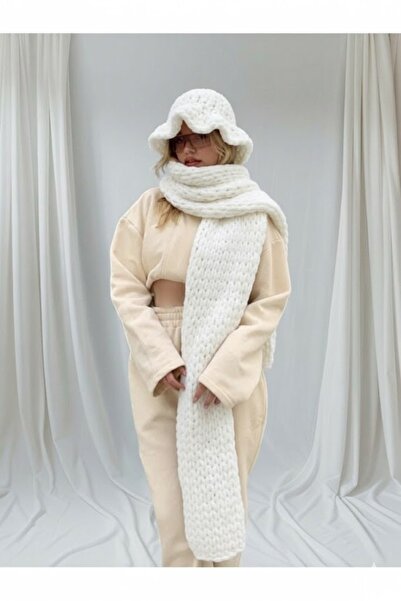 Gogoey Scarf & Bouquet Beanie Set Alize Puffy 100% Hand Knitted