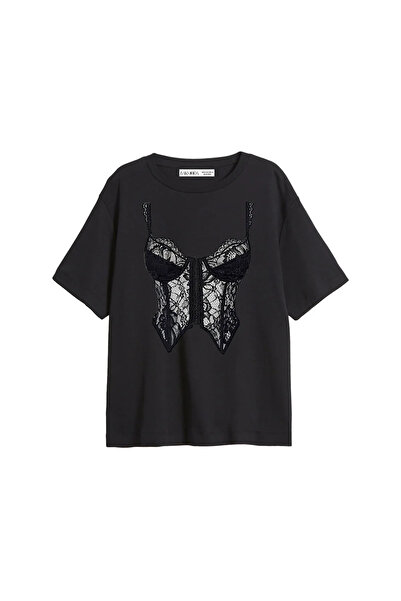 Bak Moda High Printed Relaxed Fit Black Women's Tshirt