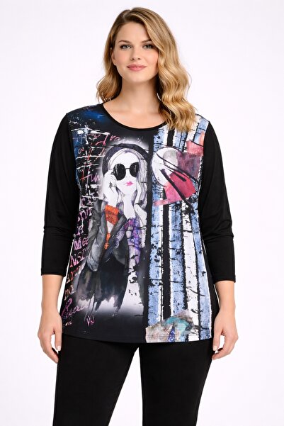 Şans Women's Plus Size Black, Low Sleeve, Print and Stone Detailed, Crew Neck...