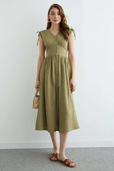 Fulla Moda Omuz Bağcıklı Düğmeli Müslin Elbise