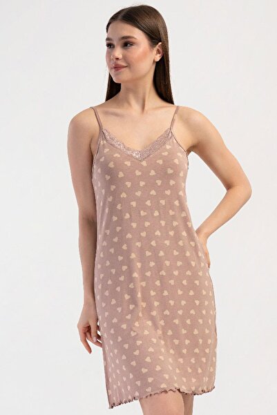 VİENETTA Women's Thin Strap Viscose Nightgown Tunic Heart Patterned Powder Pi...