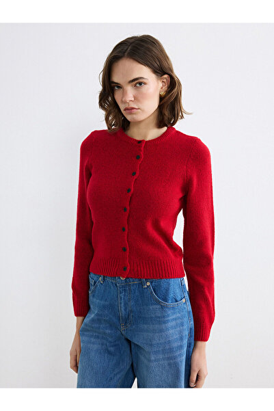 LC Waikiki Red Crew Neck Women's Knitwear Cardigan