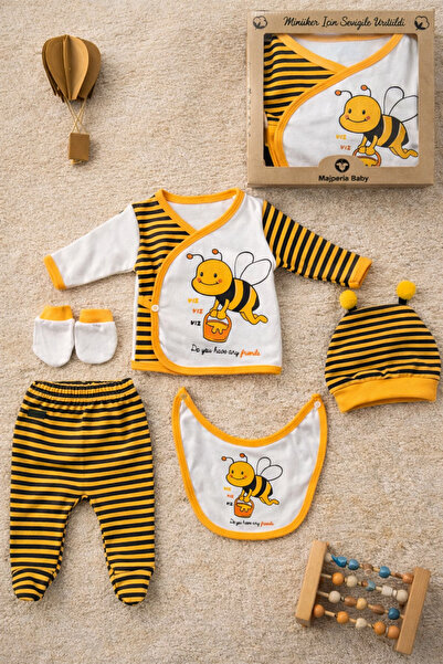 Mai Perla Bee Themed Organic Cotton Newborn Hospital Discharge Set 5 Pieces B...