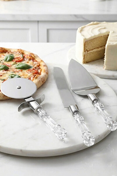 ThenTech 3lü Kristal Görünümlü Saplı Çelik Servis Seti Pizza Kesici Kek Bıçağ...