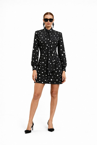 codemark Kadın Puantiyeli Uzun Kollu Mini Elbise