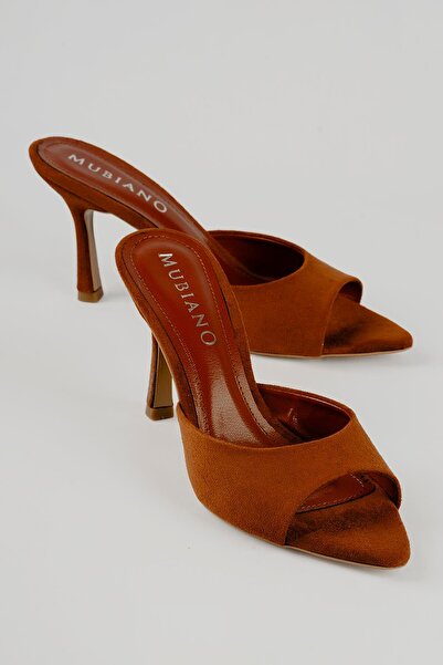 Mubiano Women's Suede Stiletto Pointed Toe Open Heeled Slippers Cedra Tan