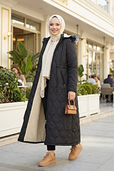 Hb Harma Time Butik Women's Fur Lined K Hooded Black Quilted Coat