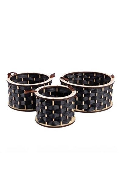 GiftWorld طقم سلة خشبية سوداء مستديرة أنيقة