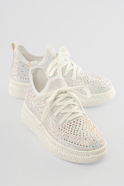 Mubiano Pantofi sport de damă cu pietre aplicate cu talpă groasă, alb diamant