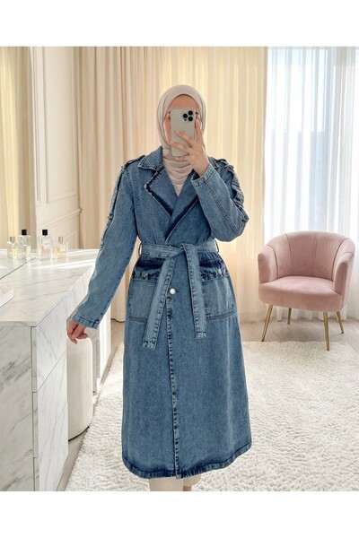 Modamorfo Buttoned Denim Trench Coat with Pockets and Belt -Ice Blue