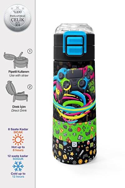 Coral High Kids Black Gamer Patterned Steel Thermos with Straw and Direct Dri...