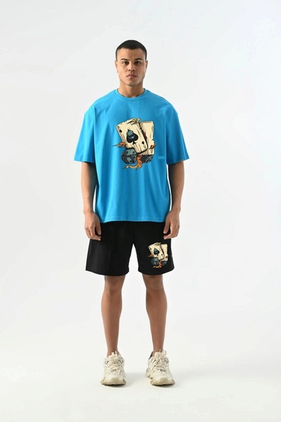 x-compass life طقم تي شيرت قصير للجنسين من القطن بقصة واسعة ومطبوع عليه نقشة زار