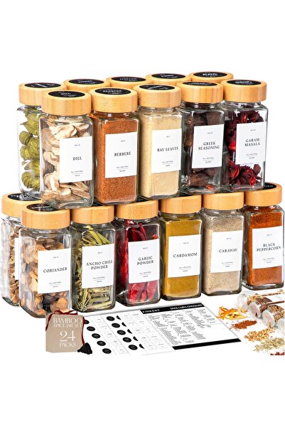 Arabest Bamboo Glass Jars with Labels and Shaker Lids Clear Empty 4oz 24 Pack...
