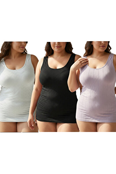 MrrMajestic Set de 3 maiouri de damă jacquard, bej, mărime mare, cu bretele g...