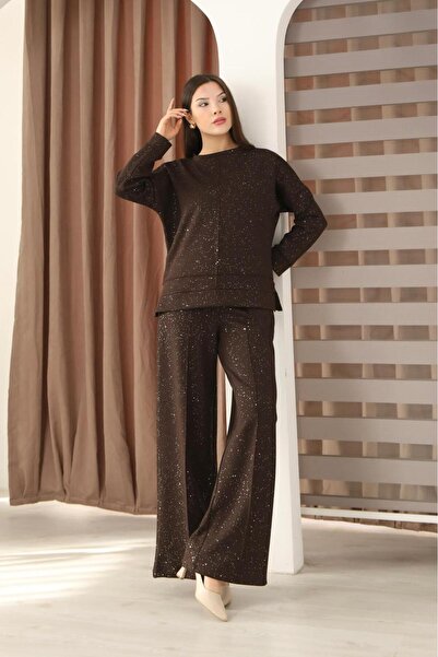 Moda Palmiss Women's Bitter Coffee Glitter Detailed Relaxed Cut Double Set