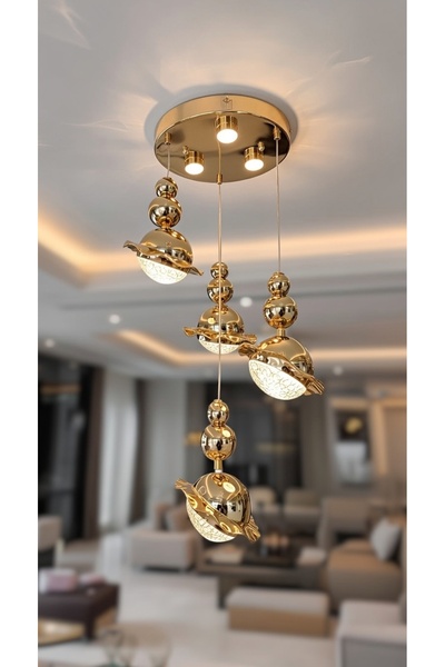 CanAydınlatma Gold 3+1 Şapkalı Sarkıt 3 Renk LED Ayarlanabilir Başlıklı Moder...