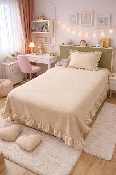 Pedimu Ruffle Detailed Knitted Pique Single Bedspread + Pillowcase (160×200 c...