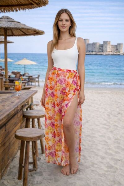 Burcumay Women's Double Slit Patterned Orange Pareo Skirt