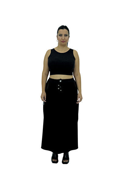 MAX LİVE Plus Size Women's Skirt with Elastic High Waist and Metal Accessories