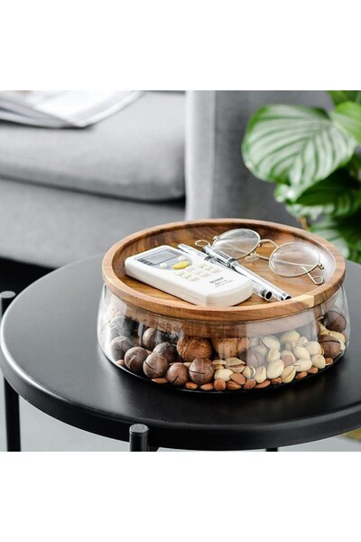 morponi Borosilicate Glassluxury Glass Bowl with Acacia Lid - Presentation Bowl-Salad Bowl 22 cm