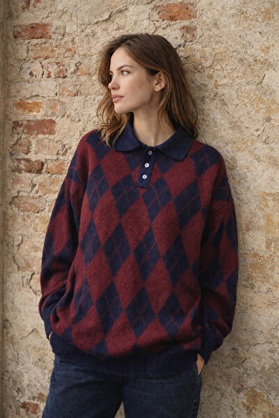 Get Crazy Women's Polo Neck Argyle Sweater