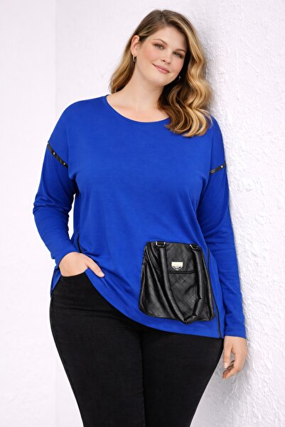 Şans Kadın Büyük Beden Saks, Çanta Aksesuarlı, Biye Detaylı, Düşük Kol Bluz 6...