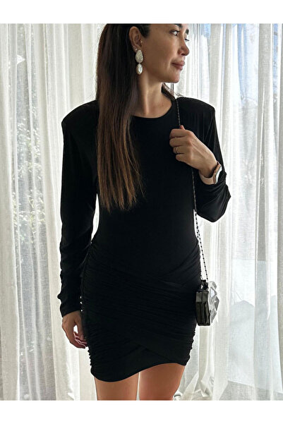 Burcu Özpıranga DANTE Eteği Drapeli Full Likra Siyah Elbise