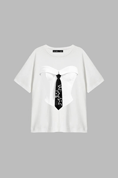 Bak Moda Suit Printed Relaxed Fit White Women's Tshirt
