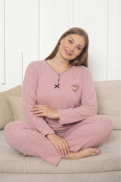 Farya Home Plus Size Cotton Thick Winter Buttoned Stripe Interlock Knitted Pa...