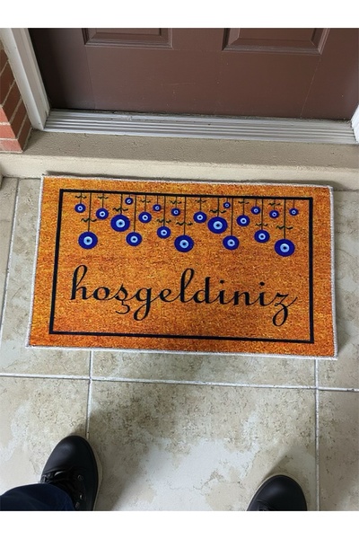 TASARIM RÜZGARI HOŞGELDİNİZ yazılı Nazar boncuklu detaylı Kapı Önü Paspası