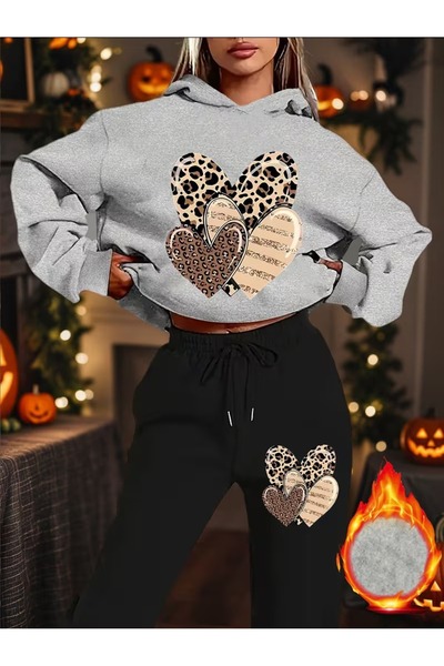 WOODROFFE Women's 3-Piece Leo Heart Printed Hooded Bottom Top Oversized Black...