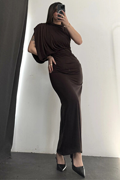 MOZENA One Shoulder Draped Stylish Long Sandy Fabric Dress