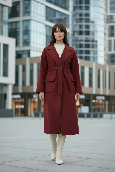 Pitti Kadın BORDO Erkek Yaka Uzun KUŞAKLI RENKİ ASTARLI KAŞE Kaban 70601