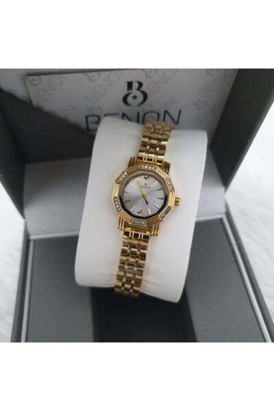 benon Elegant Women's Steel Waterproof Watch with Gold Bracelet and White Dial