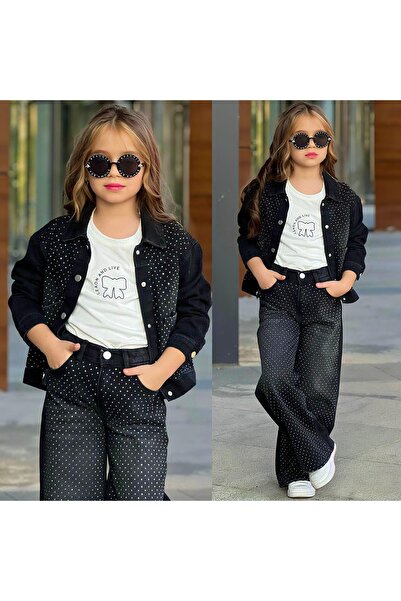 My Kids Wear Girl's Festive Black Denim Jacket & Pants Set – Stoned (3-Piece)...