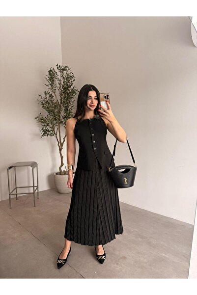 Bade Butik Siyah Yelek Detaylı Birleşik Elbise