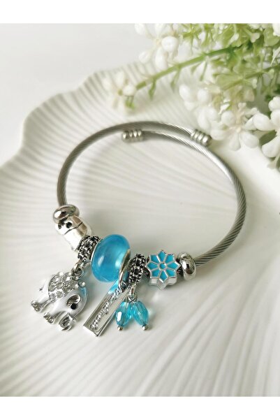 Halley Concept Steel Blue Beaded Elephant Model Charm Bracelet