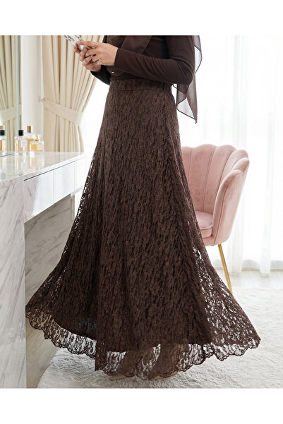 Modamorfo Φούστα δαντέλας γκιπούρ με σχέδια και φόδρα - Καφέ