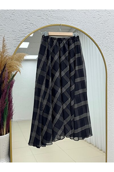 MİHRA STORE Turkan Elastic Waist Patterned Chiffon Skirt-Bn4594 Black