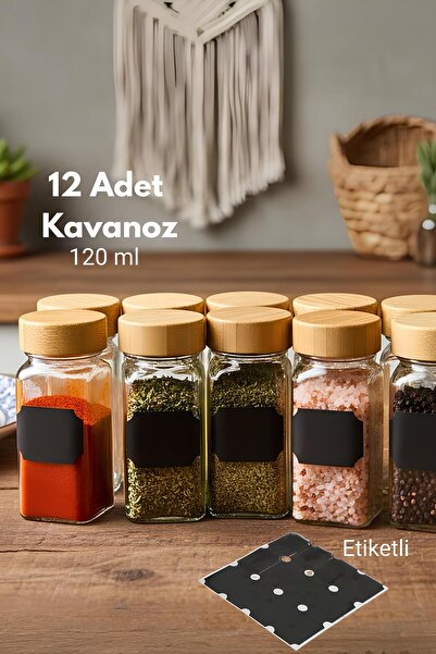 Tutku Home 12’li Bambu Kapaklı Kare Cam Baharatlık Takımı / Baharatlık Seti E...