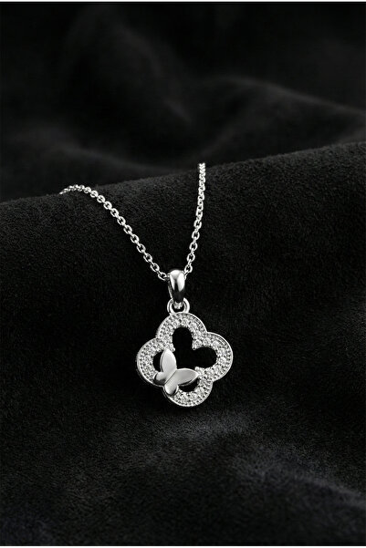 Roza Silver 925 Ayar Gümüş Rodyum Kaplama Zirkon Taşlı Kelebek Detaylı Yonca ...