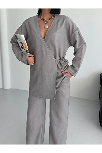 moda paketi Wrap Tie-Up Wide Leg Gray Women's Linen Suit