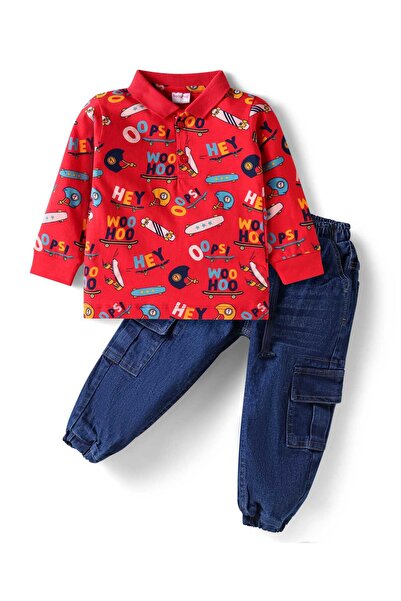 Babyhug Single Jersey Knit Full Sleeves Polo T-Shirt & Joggers Set with Skati...